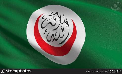 OIC or Organisation of Islamic Cooperation flag blowing in the wind isolated. Official religion abstract design. 3D rendering illustration of waving sign symbol.