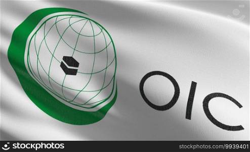 OIC or Organisation of Islamic Cooperation flag blowing in the wind isolated. Official religion abstract design. 3D rendering illustration of waving sign symbol.
