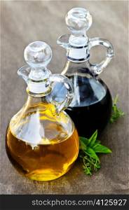 Oil and balsamic vinegar glass bottles with spouts
