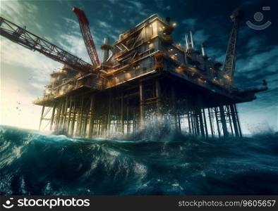 Oil and gas platform at sea with waves.Drilling industrial rig with high skill workers.AI Generative