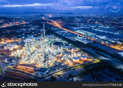 oil and gas refinery industry factory zone at laem chabang chon buri Thailand twilight landscape aerial view
