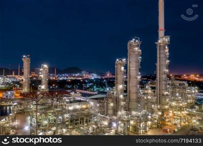oil and gas refinery industry for transport and export of Thailand aerial view at night shot from drone