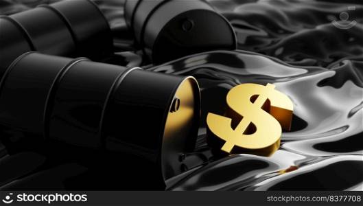 Oil barrels and gold dollar sign on crude oil 3D render