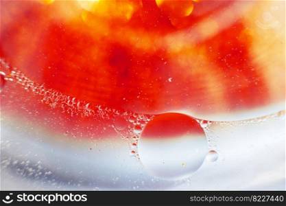 Oil bubbles close up. a circles of water macro. abstract blue and fiery red background. Oil bubbles close up. circles of water macro. abstract blue and fiery red background