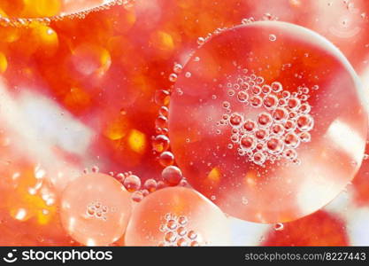 Oil bubbles close up. a circles of water macro. abstract orange and fiery red background. Oil bubbles close up. circles of water macro. abstract orange and fiery red background