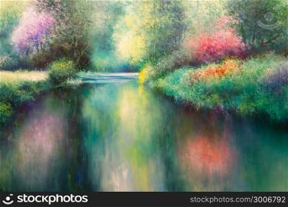 Oil Canvas Painting: Spring Meadow with Coloful Nature, River and Trees.. Oil Canvas Painting: Spring Meadow with Coloful Nature, River and Trees