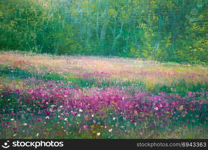 Oil Canvas Painting: Spring Meadow with Violet Flowers and Green Trees.. Oil Canvas Painting: Spring Meadow with Violet Flowers and Green Trees