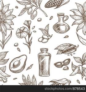 Oil collection of natural ingredients seamless pattern. Exotic avocado, fresh peanut, linen seed, ripe soybean, blooming sunflower, aromatic sesame, olive branch and corn from field monochrome vector illustrations.. Oil collection of natural ingredients seamless pattern.