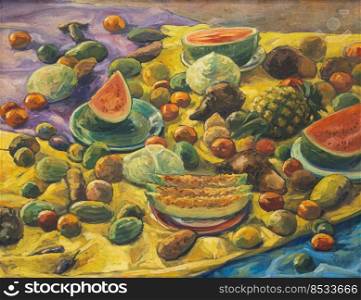 Oil color painting of fruit and vegetable on colorful fabric on canvas.