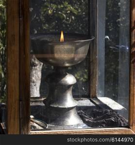 Oil lamp at Taktsang Monastery, Paro, Paro District, Paro Valley, Bhutan