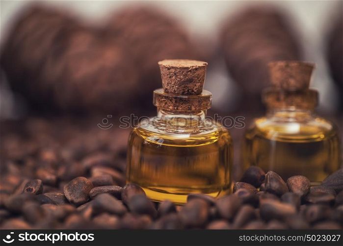 Oil of cedar nuts. The cedar oil in a glass bottles on the cedar nuts