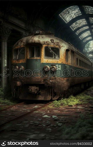 Oil painting of an abandoned and neglected train in an old abandoned subway  created by AI