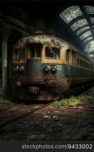 Oil painting of an abandoned and neglected train in an old abandoned subway  created by AI