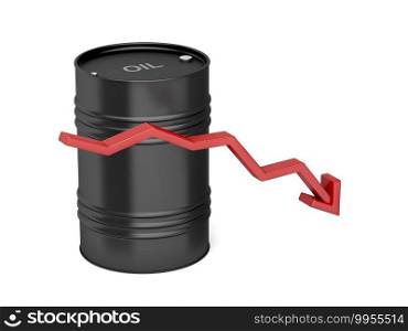 Oil price decrease, concept image with red arrow and oil drum