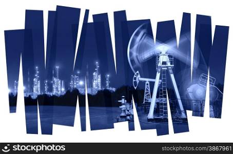 Oil pump and refinery abstract background. Oil and gas industry. Photo collage toned blue. Isolate on a white.. Oil industry abstract background.