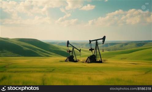 Oil pump on on hills landscape. Oil pumps. Generative AI.. Oil pump on on hills landscape. Oil pumps. Generative AI