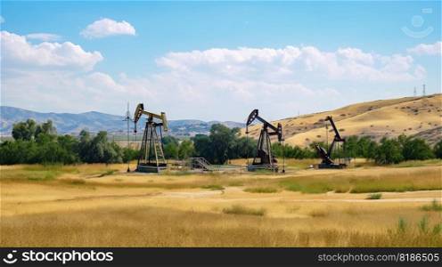 Oil pump on on hills landscape. Oil pumps. Generative AI.. Oil pump on on hills landscape. Oil pumps. Generative AI