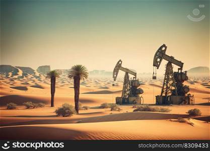 Oil pump rig. Pump Jack and barrel in desert on oilfield site. Oil and gas production. AI. Oil pump rig in desert on oilfield site. Oil and gas production. AI