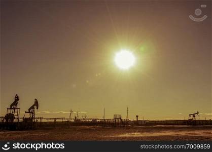 Oil pumps in the oil field. Summer hot sunny day. Seagulls soaring in the sky. Minimalistic industrial landscape. Russia, Western Siberia. Toned image.. Oil pumps in the oil field. Summer hot sunny day. Seagulls soaring in the sky. Minimalistic industrial landscape.
