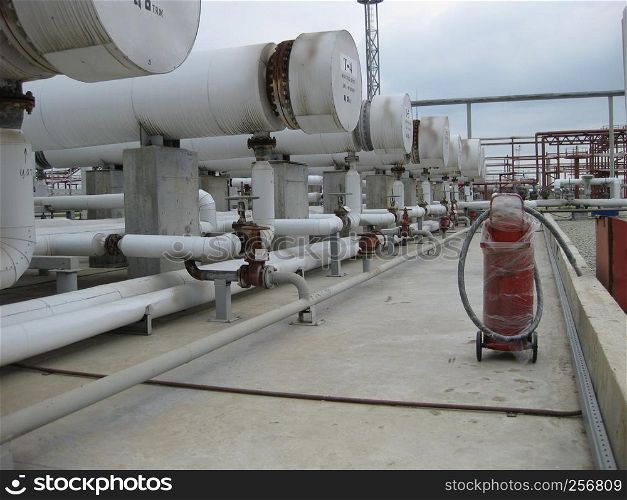 Oil refinery. Equipment for primary oil refining.. Heat exchangers at oil refinery.
