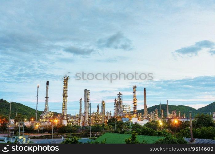Oil refinery gas petrol plant industry with crude tank, gasoline supply and chemical factory. Petroleum barrel fuel heavy industry oil refinery manufacturing factory plant. Refinery industry concept