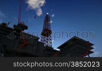 Oil Rig against blue sky, cam fly