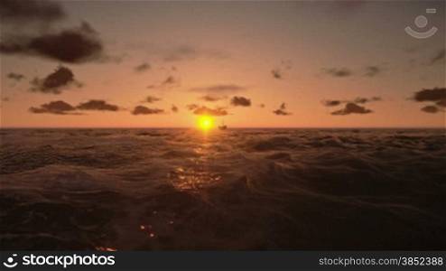 Oil Rig, flight across ocean at sunrise