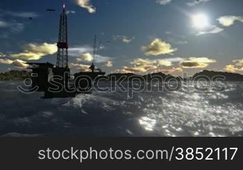 Oil Rig in ocean and seagulls flying, timelapse clouds