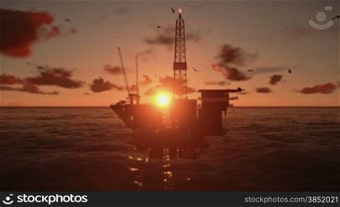 Oil Rig in ocean, beautiful timelapse sunset