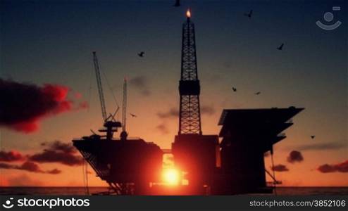 Oil Rig in ocean, close up, beautiful timelapse sunrise