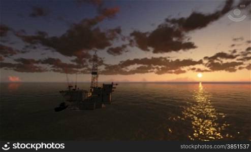 Oil Rig in Ocean, time lapse clouds at sunset