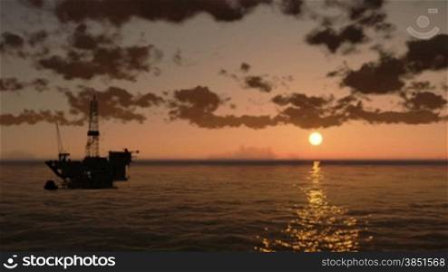 Oil Rig in Ocean, time lapse clouds at sunset, helicopter view
