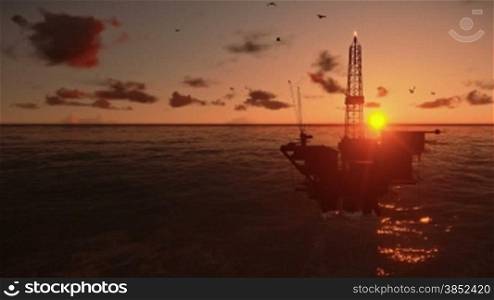 Oil Rig in ocean, timelapse sunrise, tilt