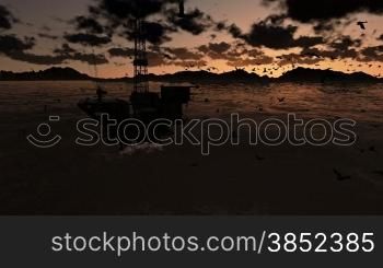 Oil Rig in water, flock of seagulls flying, timelapse sunrise