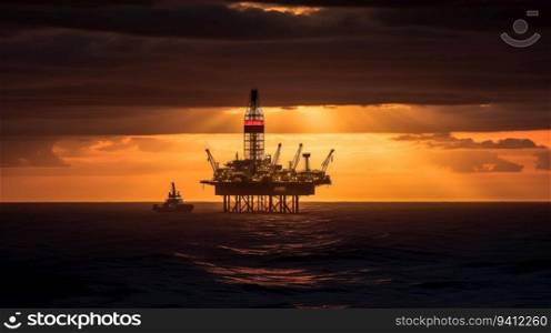 Oil rig, platform in ocean, sea. Commercial mining industry. Header banner mockup with copy space. AI generated.. Oil rig, platform in ocean, sea. Commercial mining industry. AI generated.