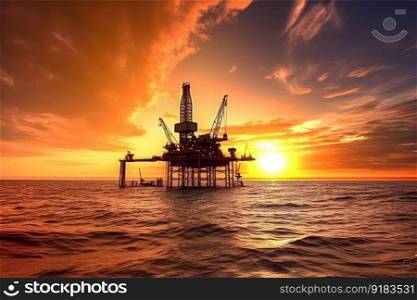 oil rig, with view of the sunset, in tropical paradise, created with generative ai. oil rig, with view of the sunset, in tropical paradise