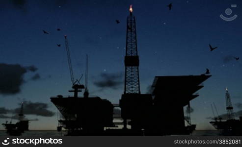 Oil rigs in ocean at night, timelapse clouds