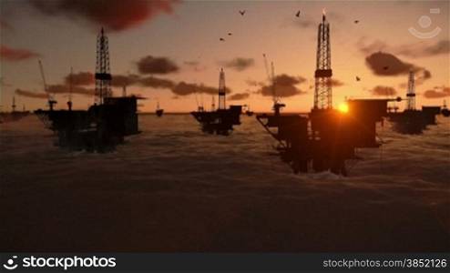 Oil rigs in ocean, timelapse sunrise