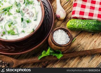 Okroshka is a traditional dish of national Russian cuisine. Okroshka,cold summer soup