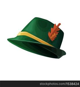 Oktoberfest green hat with autumn leaves. Accessory and hat for the festival on a white background.. Oktoberfest green hat with autumn leaves.
