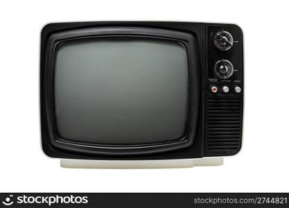 "Old 12" black & white portable television, dusty and dirty. Isolated on white."