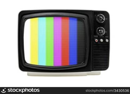 "Old 12" portable television with color bars test image."