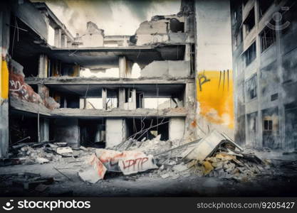 Old abandoned building and wreck of materials. distinct generative AI image.. Old abandoned building and wreck of materials
