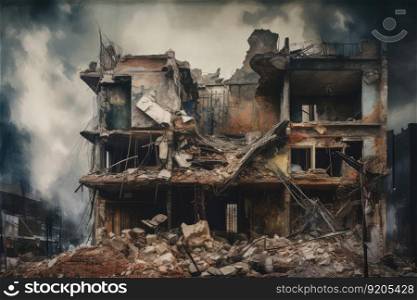 Old abandoned building and wreck of materials. distinct generative AI image.. Old abandoned building and wreck of materials