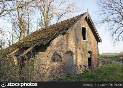 old abandoned farm with open green door and trees at the background