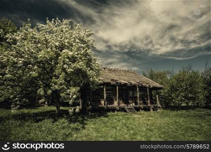 Old abandoned hut under dramatic skies, natural landscape