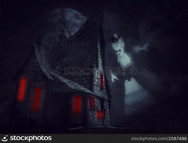 Old abstract spooky Halloween witch house in night forest and Victorian ghost lady, 3D Illustration.