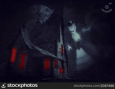 Old abstract spooky Halloween witch house in night forest and Victorian ghost lady, 3D Illustration.