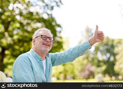 old age, gesture and people concept - happy senior man in glasses sitting at summer park and showing thumbs up