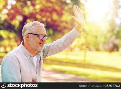 old age, gesture and people concept - happy senior man in glasses waving hand at summer park. happy senior man waving hand at summer park
